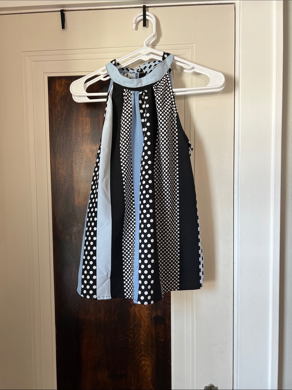 Sleeveless Black & Light Blue Polka Dot Halter Top